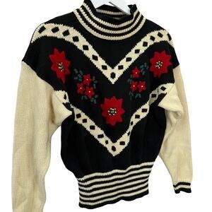 Seychelles Black Cream & Red Floral Turtleneck Sweater